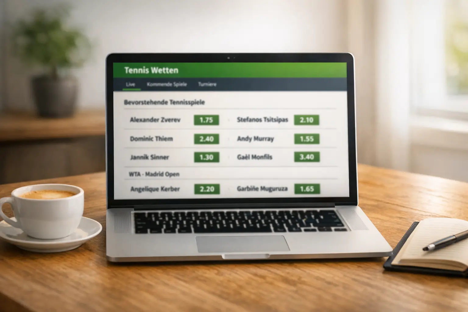 Laptop mit geöffneter Sportwetten-Seite und Tennisquoten auf dem Bildschirm